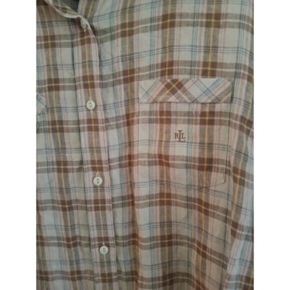 LRL Ralph Lauren 100% Linen Plaid Shirt Button Down Western Cottagecore Preppy M - Picture 3 of 7